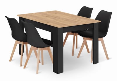 Eetkamerset – Tafel 120x80 cm Artisan – Zwarte poten – + 4 stoelen MARK zwart met houten poten