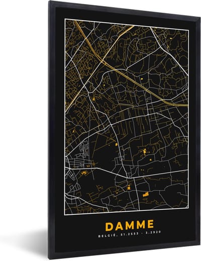 Fotolijst incl. Poster - Plattegrond - Kaart - Damme - Goud - Stadskaart - 40x60 cm - Posterlijst