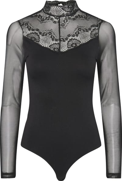 Pieces Kanten body lange mouw- Naya Bodystocking - Kanten bodysuit lange mouwen maat XS zwart - XS/S