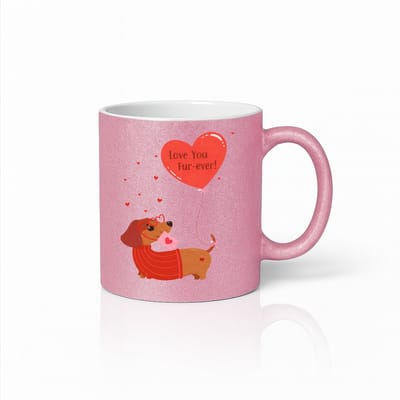 Love You Fur-ever 330ml Roze Keramische Koffiemok – Schattige Teckel met Hartballon – Romantisch Valentijnscadeau