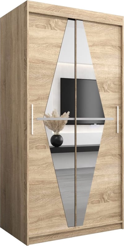 InspireMe - Kledingkast met 2 schuifdeuren, Modern-stijl, Een kledingkast met planken en een spiegel (BxHxD): 100x200x62 - BOLA 100 Sonoma Eik