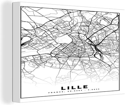 Canvas Schilderij Plattegrond - Lille - Kaart - Frankrijk - Stadskaart - Zwart wit - 30x20 cm - Wanddecoratie