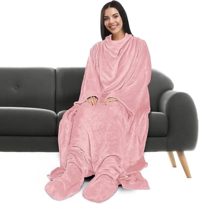 Warm Draagbare Fleece Deken met Mouwen en Voetenzak voor Volwassenen