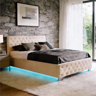 tectake® Gestoffeerd bed met lattenbodem - 140 x 200 cm - Fluweellook Zandkleur - Twijfelaar - Bedframe met opbergruimte en LED strip - Inclusief afstandsbediening - Eenvoudige montage