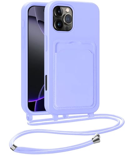 Hoesje Geschikt voor iPhone 16 Pro Hoesje Met Telefoonkoord en Pasjeshouder Siliconen - Hoes Geschikt voor iPhone 16 Pro Hoesje Met Kaarthouder Case - Lila