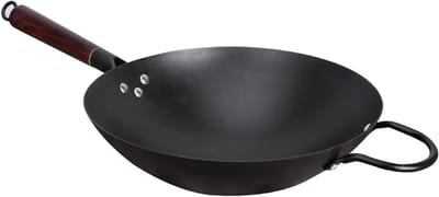 Gietijzeren Wokpan - Chinese Wok Roerbakpan - Gezond Koken - Handgehamerd Ontwerp - 32 cm - Zwart