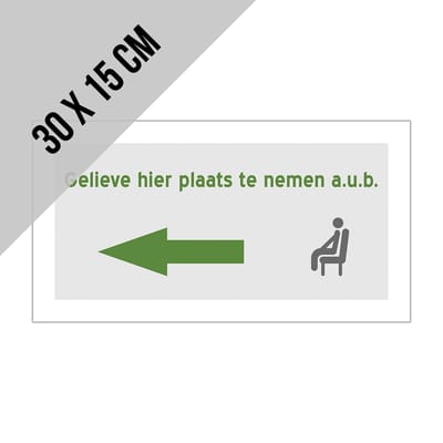 Pictogram/ bord | "Gelieve hier plaats te nemen a.u.b." - pijl naar links | 30 x 15 cm | Praktijk | Wachtruimte | 1 stuk