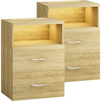 CASARIA Nachtkastje Set van 2 - Hout LED 2 Lades 40x28x55cm - Eik