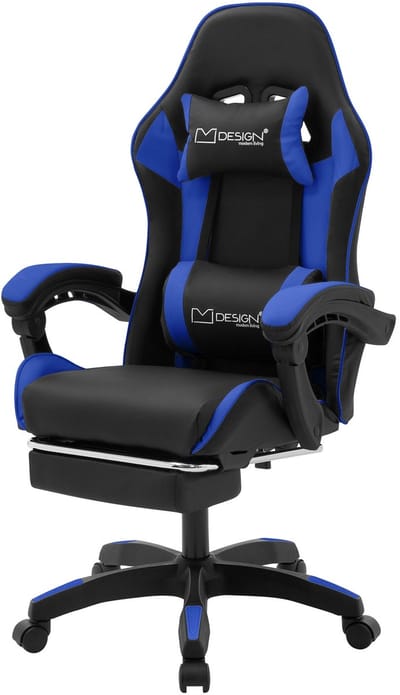 Gaming stoel met voetsteun en armleuning zwart-blauw, gemaakt van ML design kunstleer