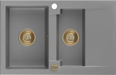 Mexen Gaspar granieten gootsteen 1,5-koer met afdruiprek 737 x 475 , grijs, gouden sifon - 6507731505-71-G