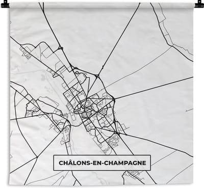 Wandkleed - Wanddoek - Châlons-en-Champagne - Frankrijk - Plattegrond - Stadskaart - Kaart - Zwart wit - 180x180 cm - Wandtapijt