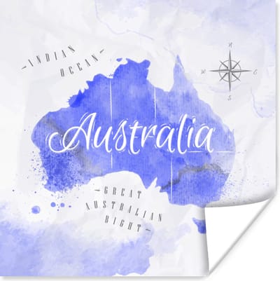 Poster 30x30 cm - Wereldkaart - Australië - Blauw - Posters - Kamer decoratie - Wanddecoratie woonkamer - Muurdecoratie slaapkamer