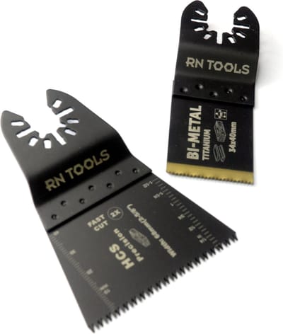 RNtools Multitoolzaagjes HCS en Bi-Metal - 2 stuks (1x multitoolzaagje voor hout, gipskarton & kunststof - 1x multitoolzaagje voor staal, aluminium & hout met spijkers)