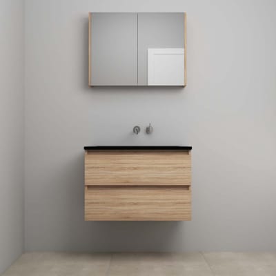 On-Line Badkamermeubelset - 80 cm - Voorgemonteerd - Ladestructuur - Acryl Wastafel - zonder Kraangat - Spiegelkast - Eiken