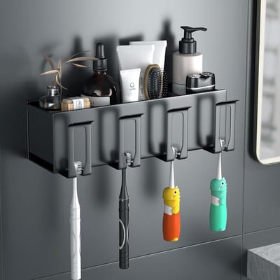 Tandenborstelhouder - Wandgemonteerde tandenborstelhouder - Zelfklevend - 1 stuk - 27 × 5,7 × 8 cm - Opbergdoos voor tandenborstels - Familieformaat - Perfect voor het opbergen van tandenborstels, scheermesjes en kammen - Gunmetal Grey