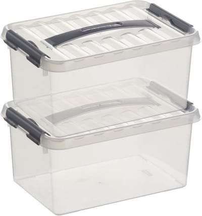 2x sunware q-line opberg box/opbergdoos - 6 liter - 30 x 20 x 14 cm - kunststof - opslagbox - transparant/zilver