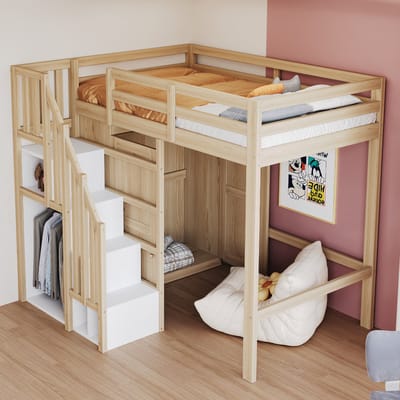 VVBV Ruimtebesparende Hoogslaper 90x200 cm met Voor Kinderen/Tieners, Trap/Ladder - Kledingkast - Massief Hout Naturel