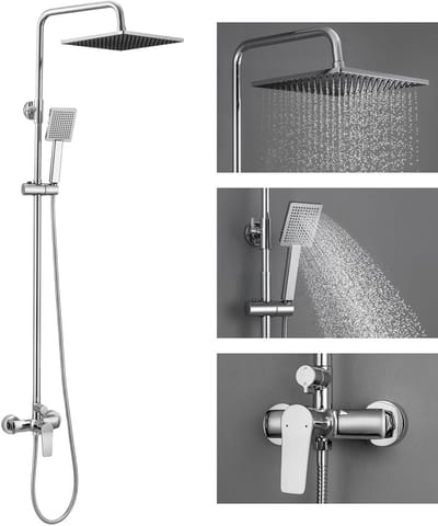 Auralum MAX Chroom Doucheset - 10 Inch Vierkante Regenkop - Hoofddouche en Handdouche - Verstelbare Stang (1240 mm) - 1.5 m Doucheslang