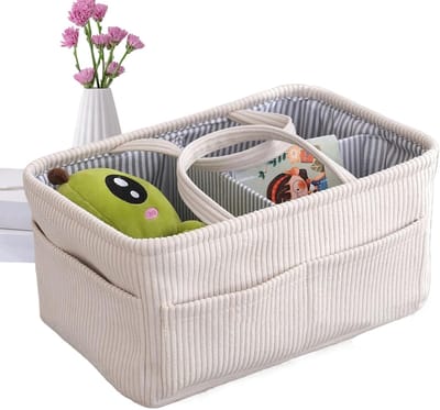 Luier Opbergtas - Draagbare Mand - Babykamer Organiseren - Duurzaam Corduroy Materiaal - 38x25x18 cm - Beige