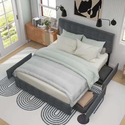 DESMIU Gestoffeerd Bed 140x200cm – Bed Met Verstelbaar Hoofdbord En 4 Laden – Voor Slaapkamer – Linnenstijl – Grijs – Zonder Matras