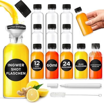 Famanu - Set van 12 glazen flesjes 60 ml, met schenktrechter, etiketten en krijtstift, voor olie, whisky of shots – Transparant