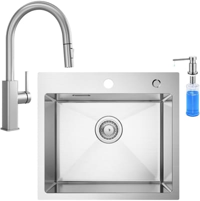 CECIPA max Spoelbak Keuken 50 x 45 CM - Spoelbak Met Kraangat en Zeepdispenser 300ML - Enkele Spoelbak Met Uittrekbare Uitloop Keukenkraan - Spoelbakken met afdruip - Wasbak met waterafvoersysteem - RVS
