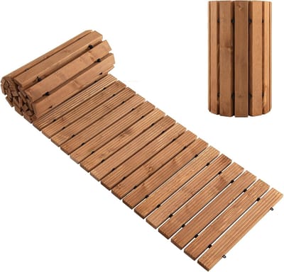 KOMFOTTEU 2,4 m lang tuinpad van hout, weerbestendige rechte loopbrug met stevig staaldraad en antislip patronen, oprolbare dennenhouten brug voor terras, strand, tuin, achtertuin (klein)