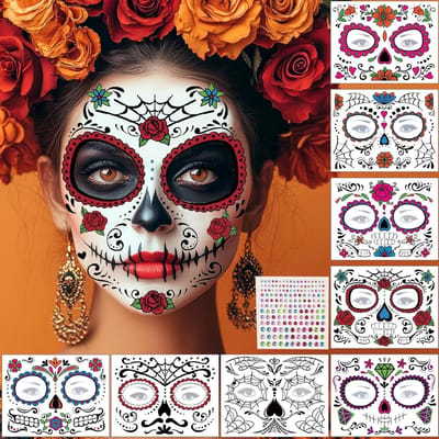 Dailygoods- Gezichtstattoo Halloween - Tatoeages tijdelijk - Doodshoofd/Skelet - 9 Vellen - Huidvriendelijk - Waterdicht - Tatoeage