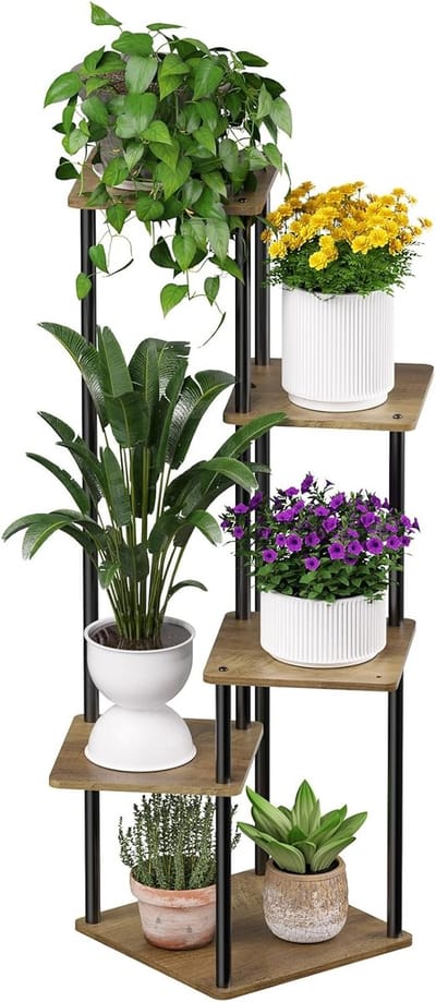 Famanu - Plantenstandaard 5-laags 112 cm/42 inch indoor metalen bloemenplank voor meerdere planten hoek hoge bloemhouders voor terras tuin woonka
