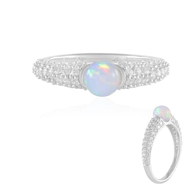 Cavill - Welo Opaal Ring 0.74 ct - 925 Sterling Zilver Platina - Ronde Ethiopische Opaal - 28 Cambodjaanse Zirkonia's - Luxe Dames Ring Elegant