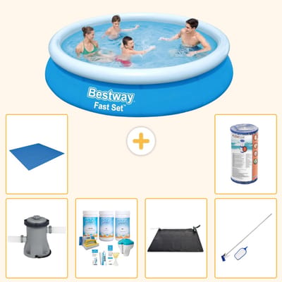 Bestway Rond Opblaasbaar Fast Set Zwembad - 366 x 76 cm - Blauw - Inclusief Pomp - Onderhoudspakket - Solar Mat - Schoonmaakset - Grondzeil - Filter - 7-delig