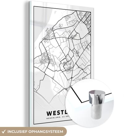 MuchoWow® Glasschilderij 40x60 cm - Schilderij acrylglas - Kaart - Westland - Zwart - Wit - Foto op glas - Schilderijen