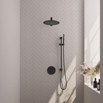Brauer Black Edition thermostatische inbouw regendouche 3-weg rond SET 86 met 30 cm douchekop en rechte muurarm en staaf handdouche en doucheslang en geïntegreerde glijstang mat zwart