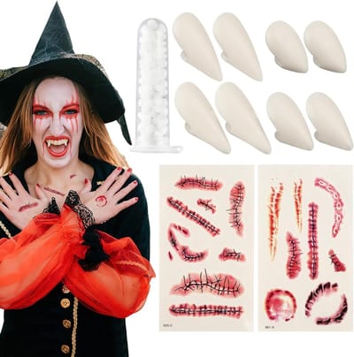 Vampier Tanden Set voor Halloween Kostuum met Tandenlijm, Tattoos en Decoratie voor Feestjes