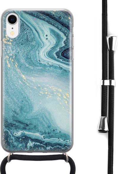 Hoesje met koord - Geschikt voor iPhone XR - Marmer blauw - Verstelbaar zwart koord - Transparant, Blauw - Marmer - Leuke Telefoonhoesjes