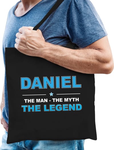 Naam cadeau Tasje voor Daniel - The man, The myth the Legend - katoenen - zwart - verjaardag - vaderdag - collega - vriendin