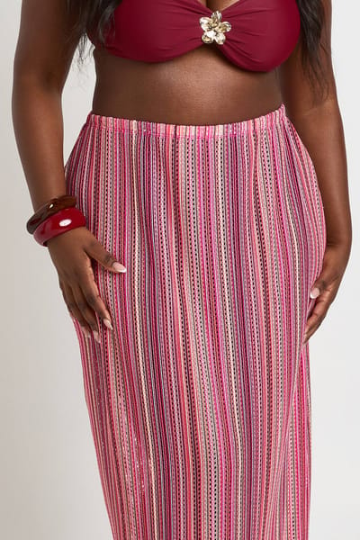 boohoo Dames Plus Gebreide Gestreepte Maxi Rok | Roze | Maat: 44