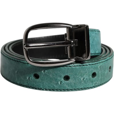 Dolce & Gabbana Groene Struisvogelleren Riem met Zilveren Metalen Gesp