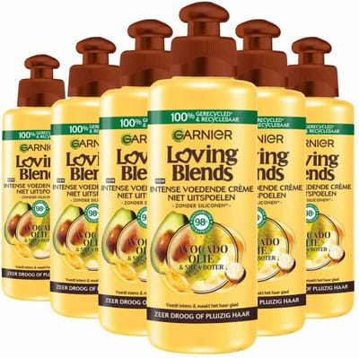 Garnier Loving Blends Avocado Olie & Shea Boter Intens Voedende Leave-In Crème - Zeer Droog, Pluizig Haar - 6 x 200ml - Multiverpakking