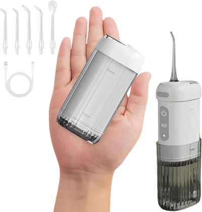 Draagbare waterflosser - 4 standen, 5 opzetstukken, 200 ml waterreservoir, IPX7 waterdichtheid, oplaadbare draadloze waterflosser, geschikt voor thuis en op reis - Wit