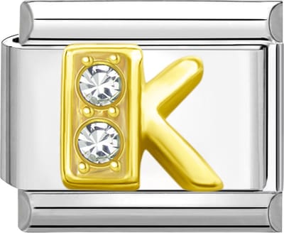 Quiges - Schakel - Bedel - 9mm - charms - Goud - Zirkonia - alfabet - letter K - Geschikt voor - armband - Schakelarmband - italy bedels armband