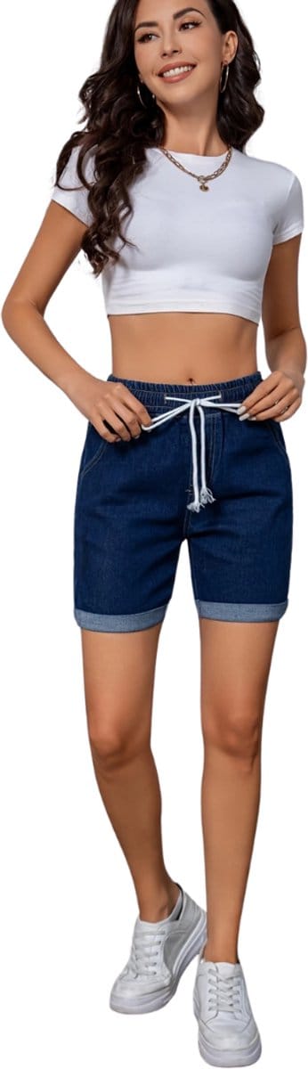 Livano Korte Broek Dames - Spijkerbroek - met Zakken - Volwassenen - Jongens - Shorts - Donkerblauw - Maat S