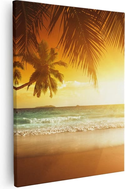 Artaza Canvas Schilderij Strand - 80x100 cm - Groot - Wanddecoratie Zee - Muurdecoratie Palmbomen - Schilderijen Op Canvas Zonsondergang