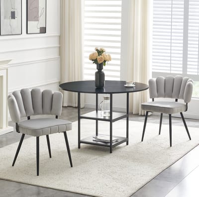Set Tafel En Stoelen - Ronde Eettafel Met Dubbele Opbergruimte - 2 Eetkamerstoelen Met Bloemrug - Voor Kleine Woonruimtes - Zwart Lichtgrijs