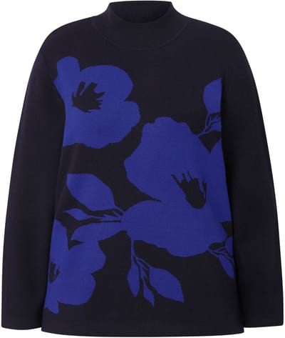 Ulla Popken - Dames - Trui bloemen oversized opstaande kraag lange mouwen - Kobaltblauw - Maat 50+