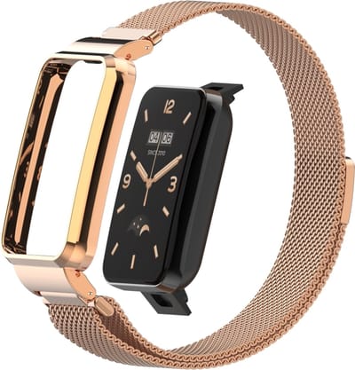 By Qubix - Milanese loop bandje met case - Champagne goud - Geschikt voor Xiaomi Smart Band 7 Pro / Mi Band 7 Pro bandje