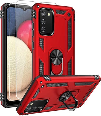Hoesje Geschikt Voor Samsung Galaxy A02s Hoesje kickstand Armor met Ring houder TPU backcover hoesje - Rood met Galaxy A02S screenprotector 2 pack