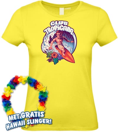 Dames t-shirt Surfing Man | Toppers in Concert 2024 | Club Tropicana | Hawaii Shirt | Ibiza Kleding | Lichtgeel Dames | maat XS