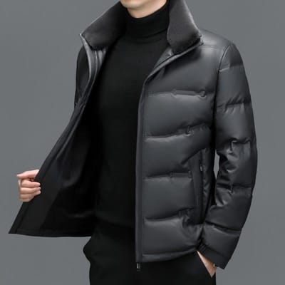 Veste d'hiver pour hommes d'âge moyen, couleur unie, cuir véritable, doudoune, épaissie, chaude, peau de mouton, veste courte en cuir, manteau ample 4XL black