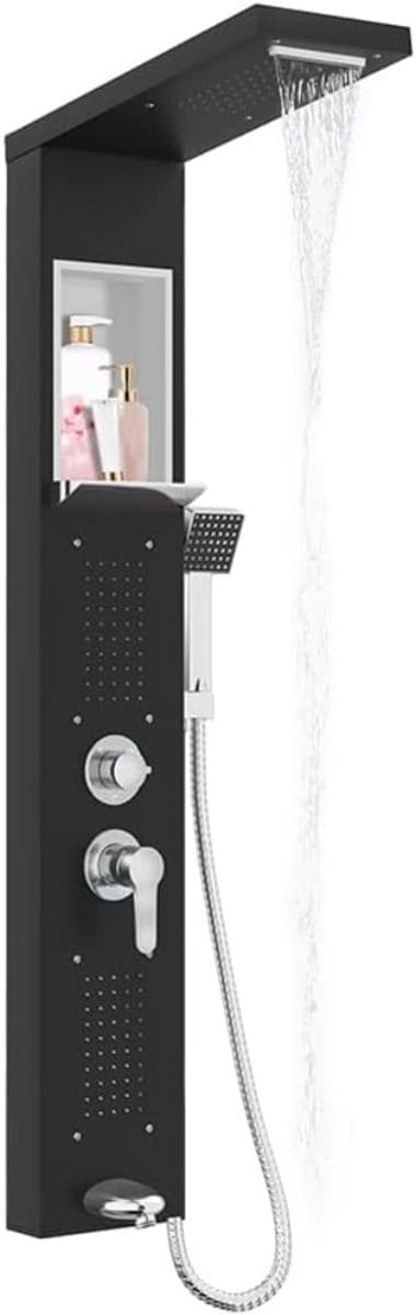 KAD® Douchepaneel met Thermostaatkraan - 5 Functies - Douchekolom - Douchepaneel Hoekmontage - Zwart - 48cm 21cm 122cm